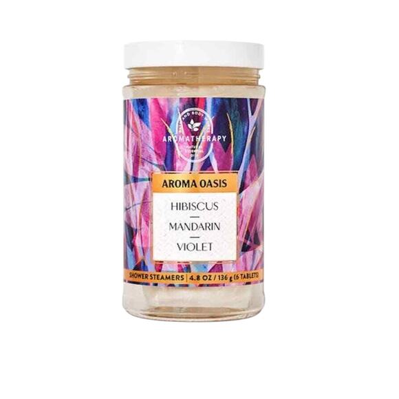 HIBISCUS MANDARIN VIOLET AROMA OASIS 3 PC BATH & BODY SET WASH, SCRUB, STEAMERS - Picture 4 of 4